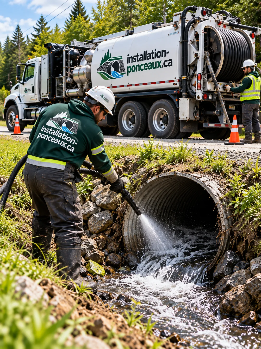 Hydrocurage d'un ponceau obstrué à l'aide d'un camion de nettoyage sous pression